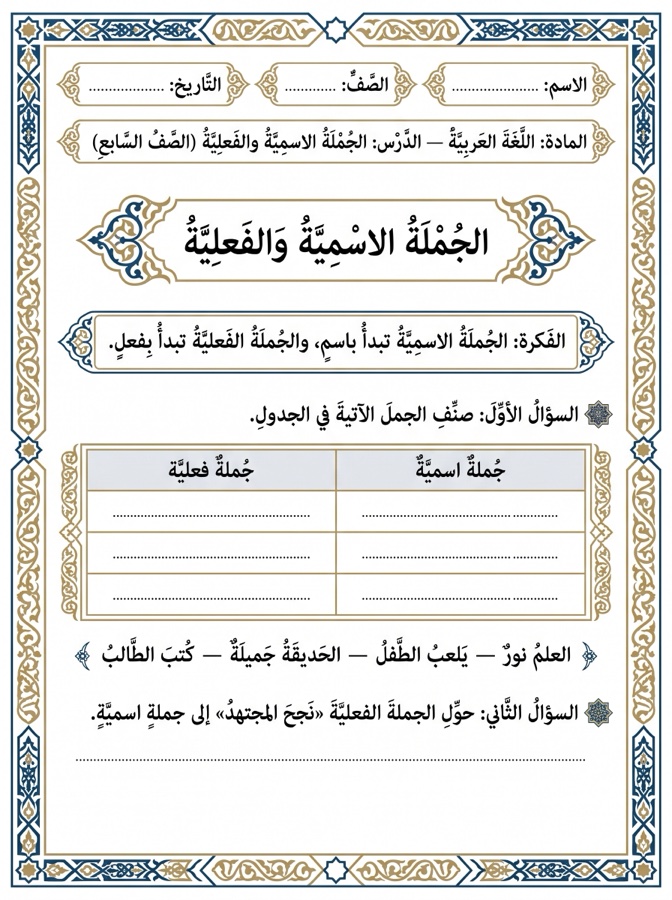 نمط زخرفةٌ إسلاميّة — اللغة العربيّة: الجملة الاسميّة والفعليّة